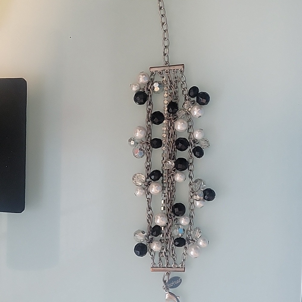 White House Black Market Bracelet Silver Metal-Black, Pearl, Crystal Beads.